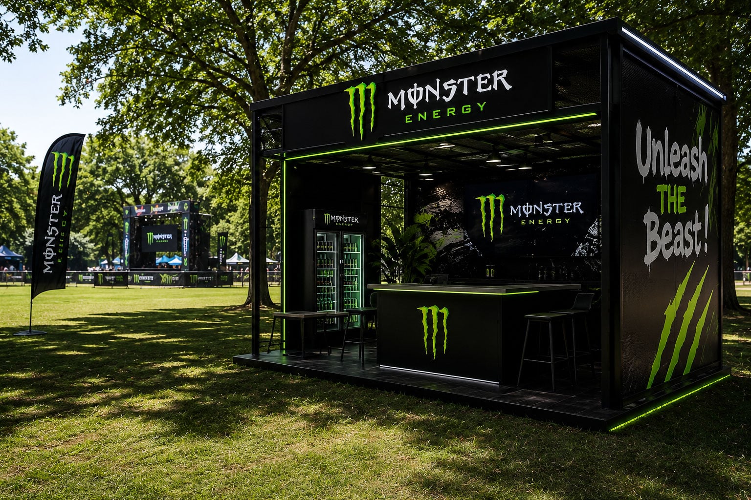 Monster Energy experiential marketing booth at an outdoor festival park featuring illuminated branding, custom fabrication, LED lighting, and interactive event design.