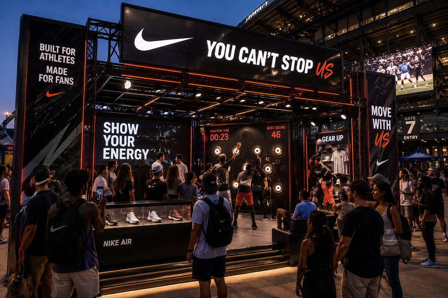Nike branded sports activation featuring interactive fan engagement, LED gaming experiences, experiential fabrication, and stadium event marketing design.