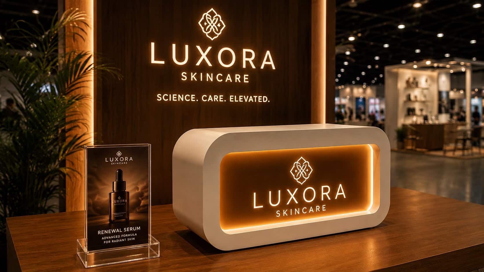 Luxury skincare trade show booth with warm amber lighting and custom experiential display fabrication