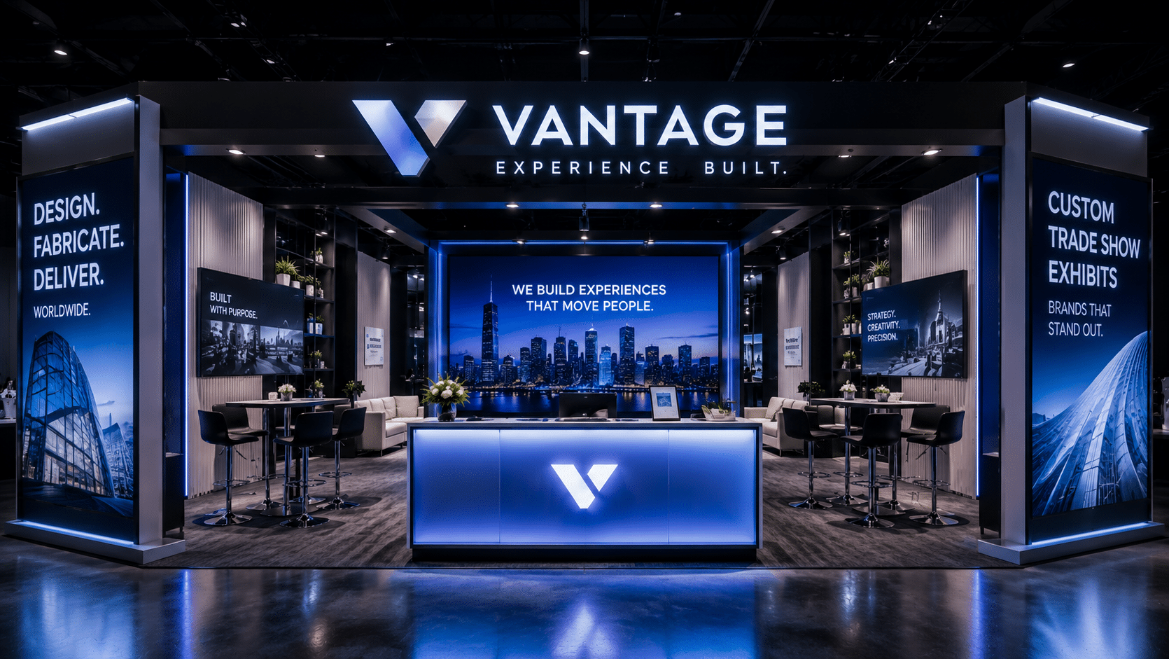 Custom trade show booth exhibit with LED branding and modern event fabrication