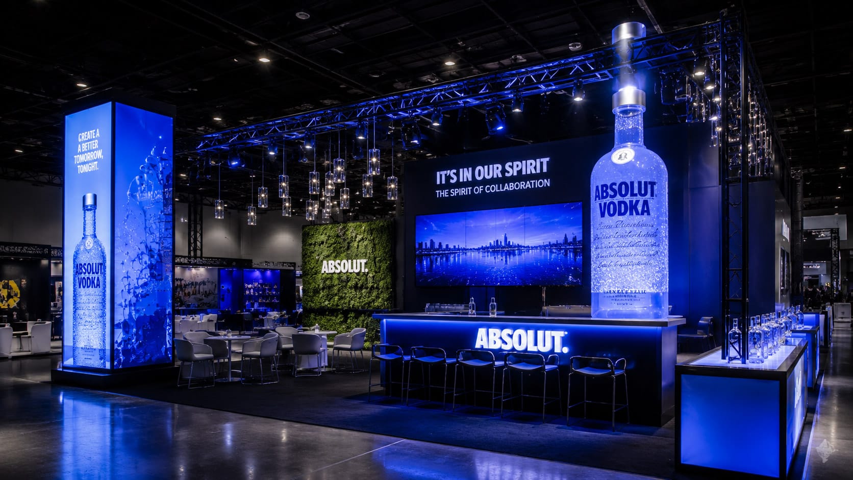 Custom Absolut Vodka trade show booth with LED branding and experiential event design