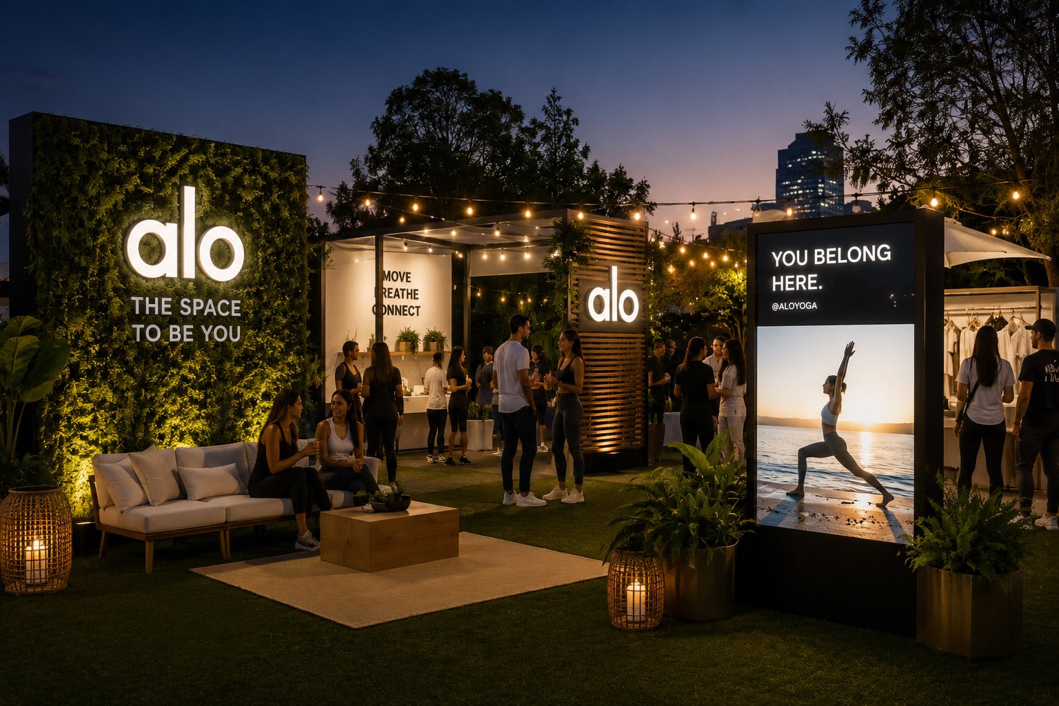 Outdoor experiential marketing activation with illuminated branding, lounge seating, and wellness-focused event design