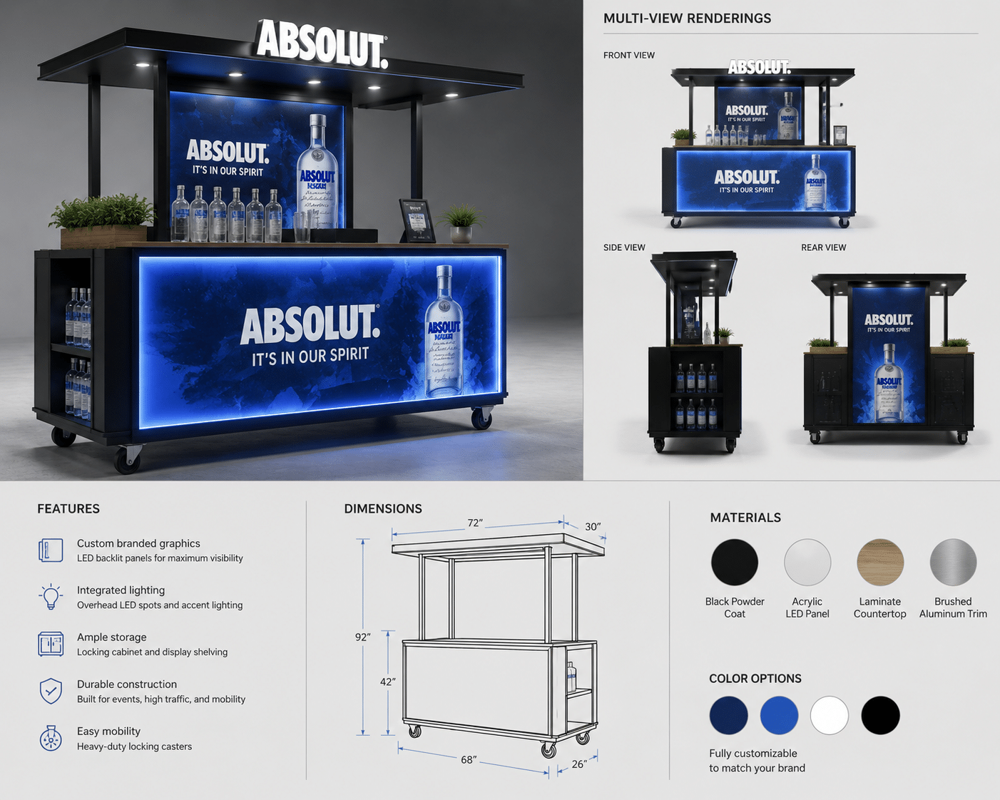 Custom branded sampling cart for experiential marketing, product sampling, beverage promotions, and live event activations.