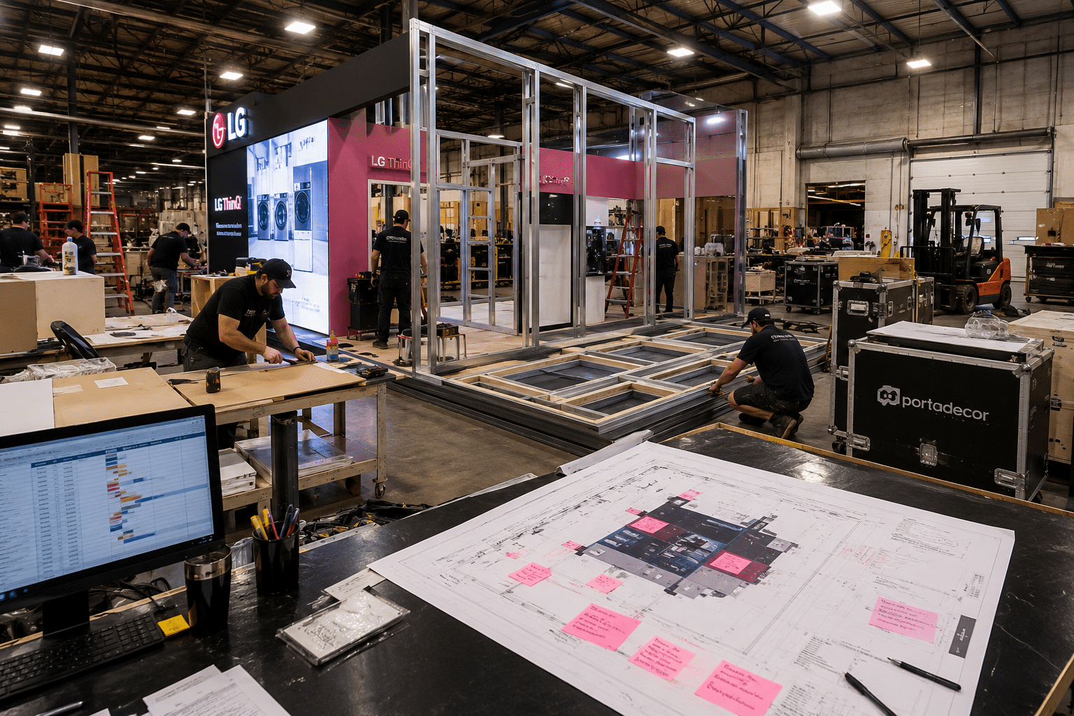 Event fabrication project timeline showing custom booth production, fabrication scheduling, installation planning, and event logistics coordination.