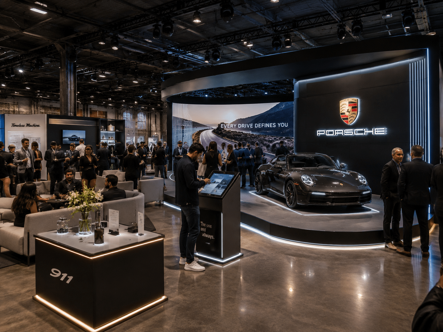 Luxury product launch brand activation featuring a custom experiential marketing environment with interactive displays, branded elements, product sampling stations, and attendee engagement areas.