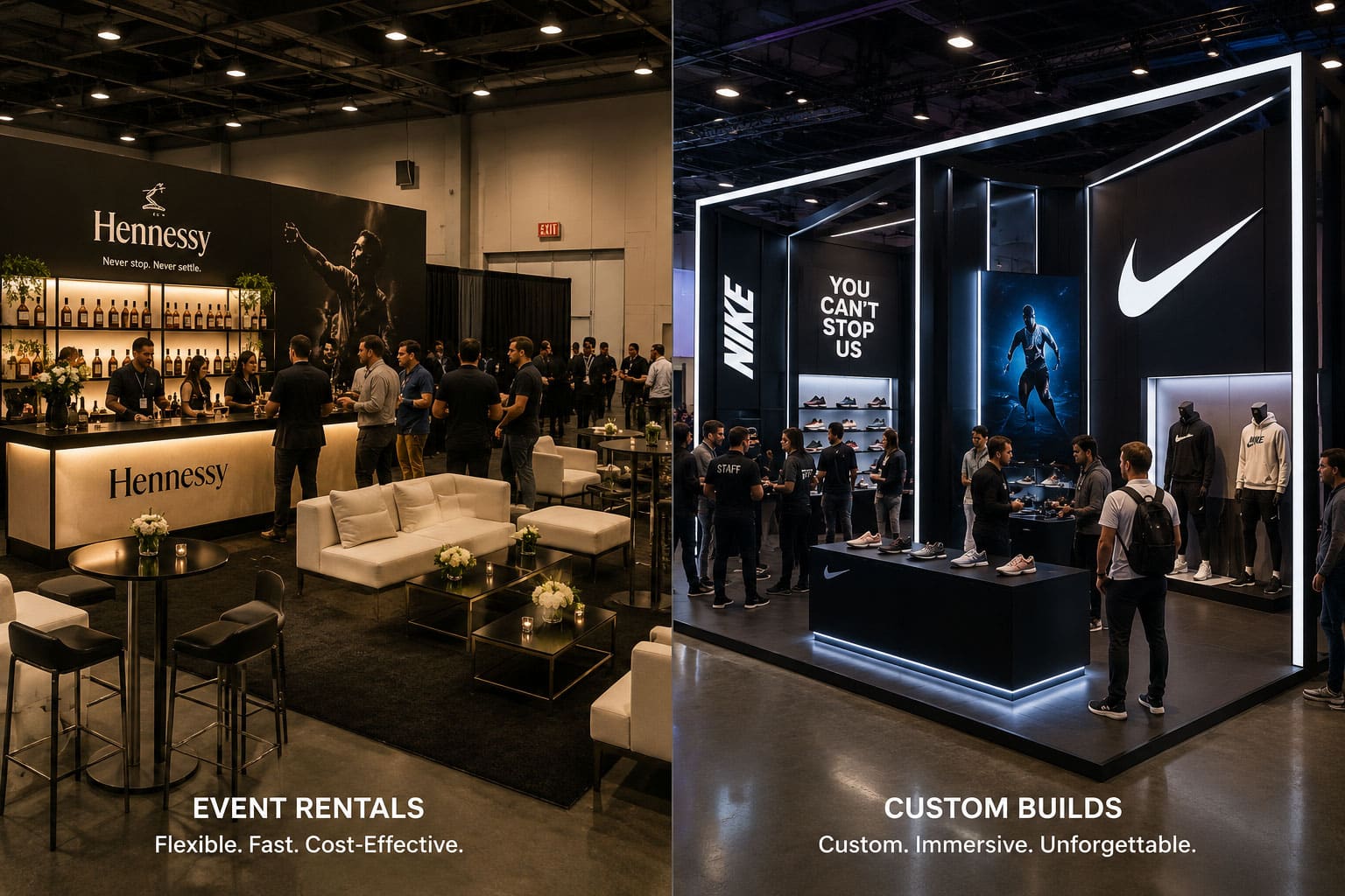 Comparison of event rentals and custom event builds for trade shows, brand activations, and experiential marketing environments.