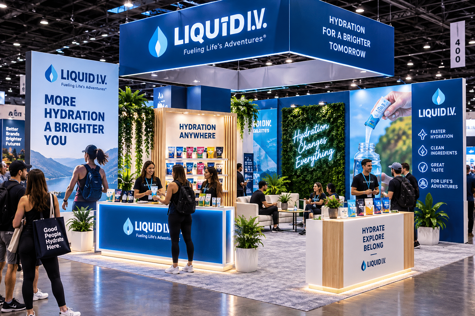 Custom Liquid I.V. trade show booth featuring branded displays, sampling counters, integrated lighting, product merchandising, and attendee engagement areas.