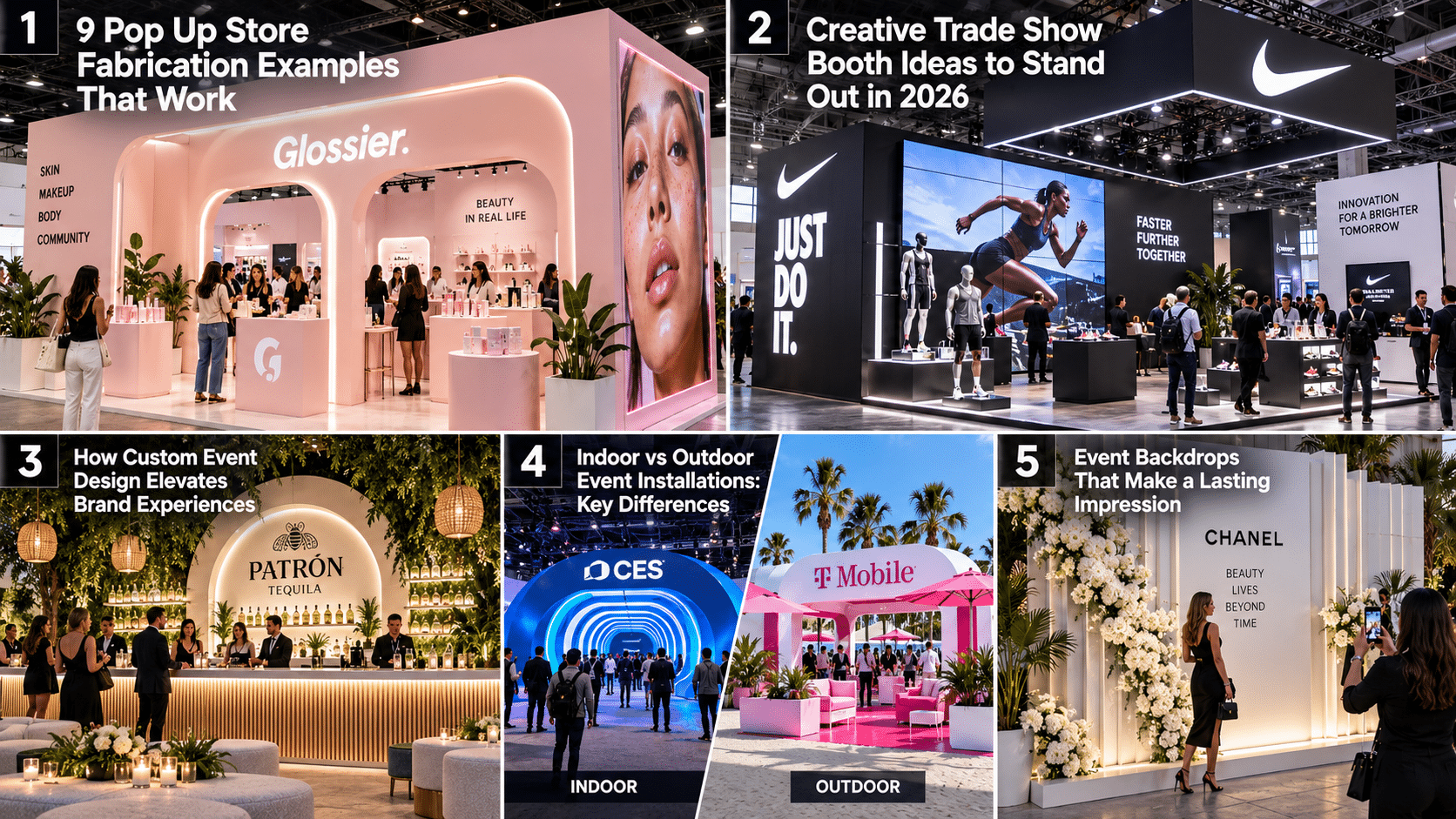 Custom branded event environment demonstrating professional fabrication, integrated displays, architectural finishes, lighting, and event-ready construction.
