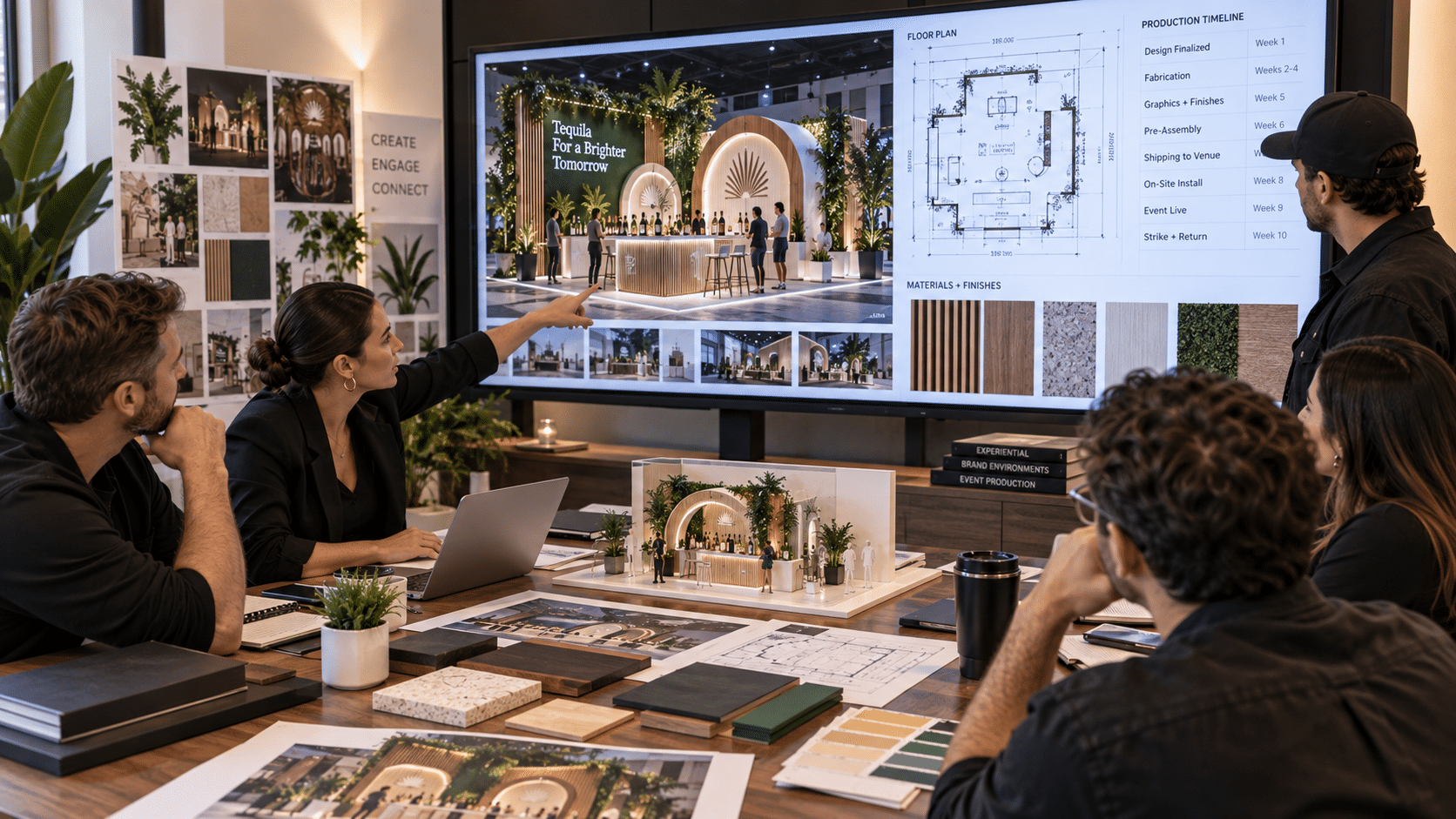 Agency team reviewing event renderings, floor plans, material samples, and production details for a custom brand activation.
