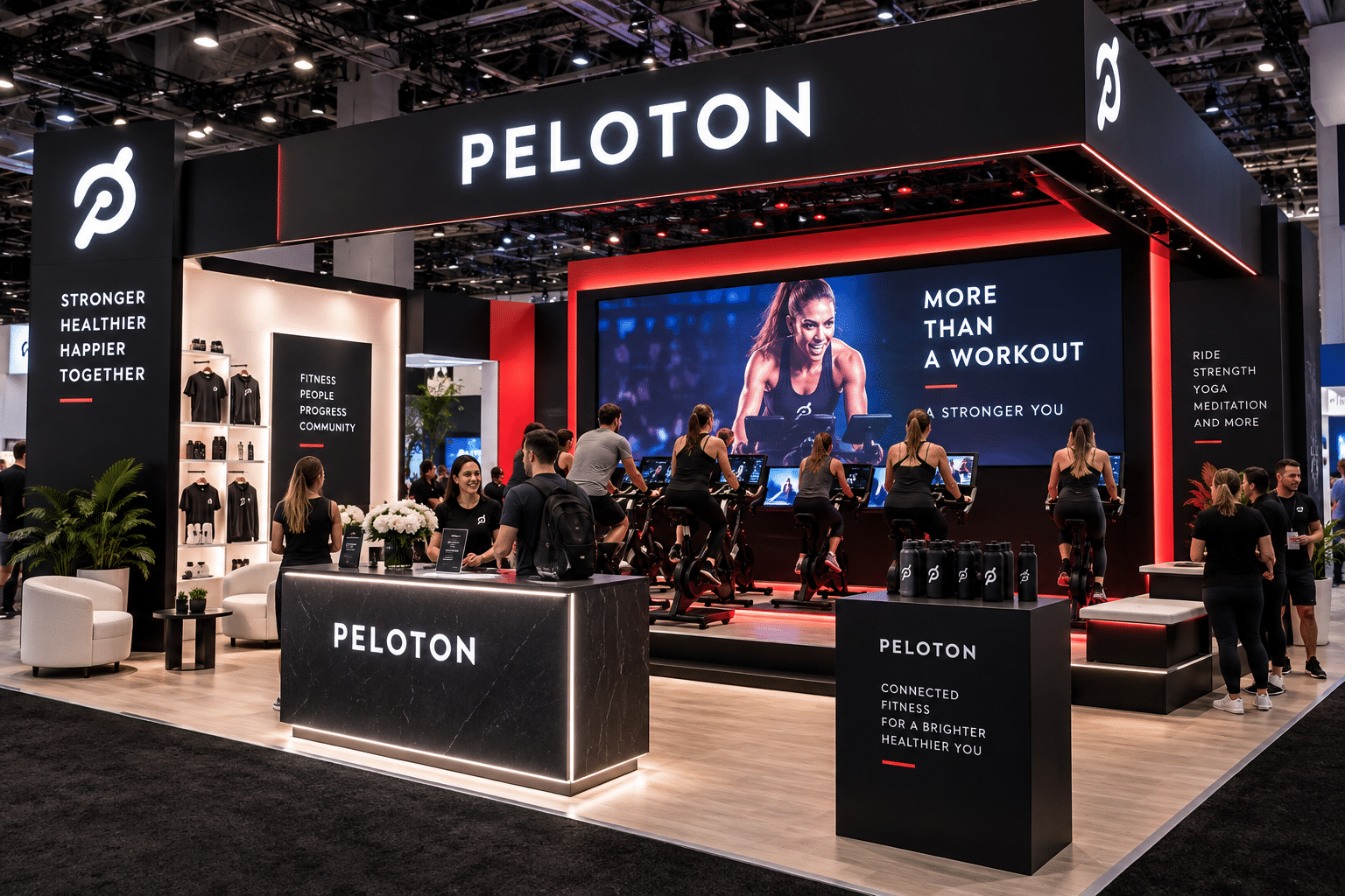 Peloton trade show booth with live cycling demonstrations, product displays, meeting space, and attendees interacting with brand representatives.