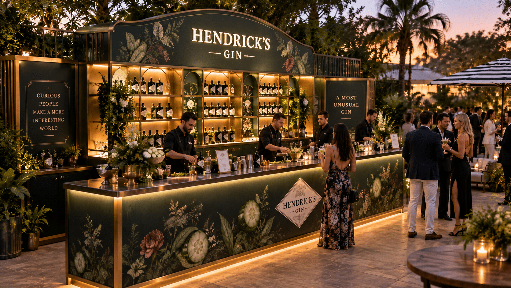 Custom Hendrick’s Gin event bar with illuminated branding, back bar displays, integrated storage, and bartenders serving guests.