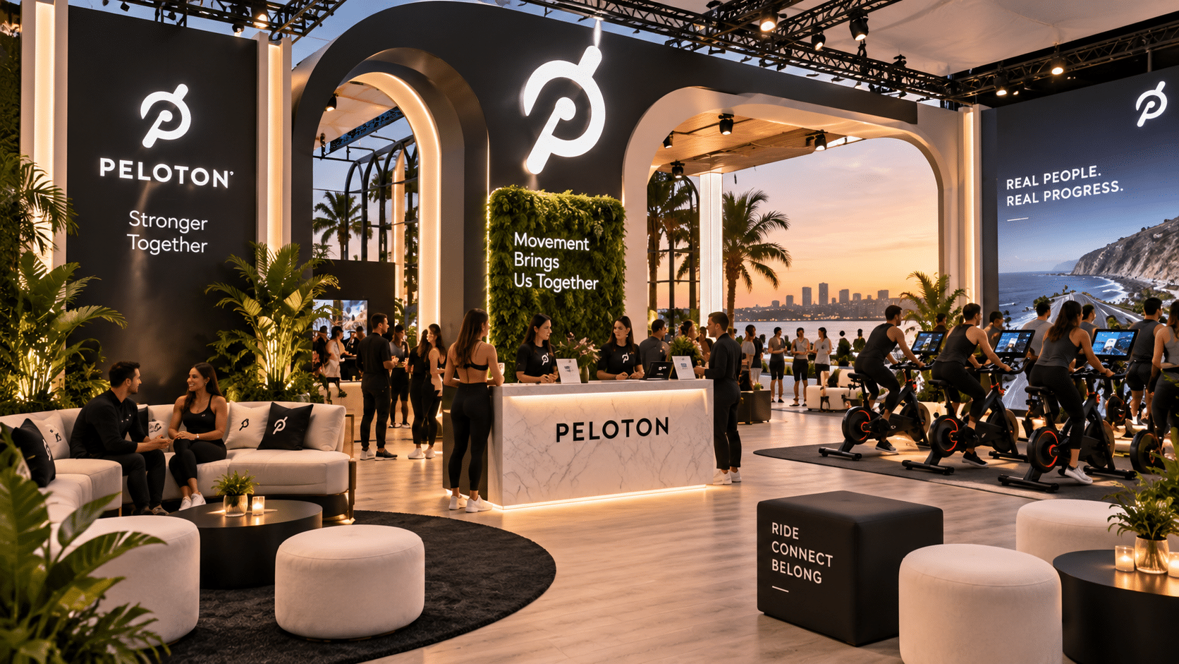 Peloton live event environment combining custom fabrication, lounge furniture, product demonstrations, branded graphics, and guest engagement.