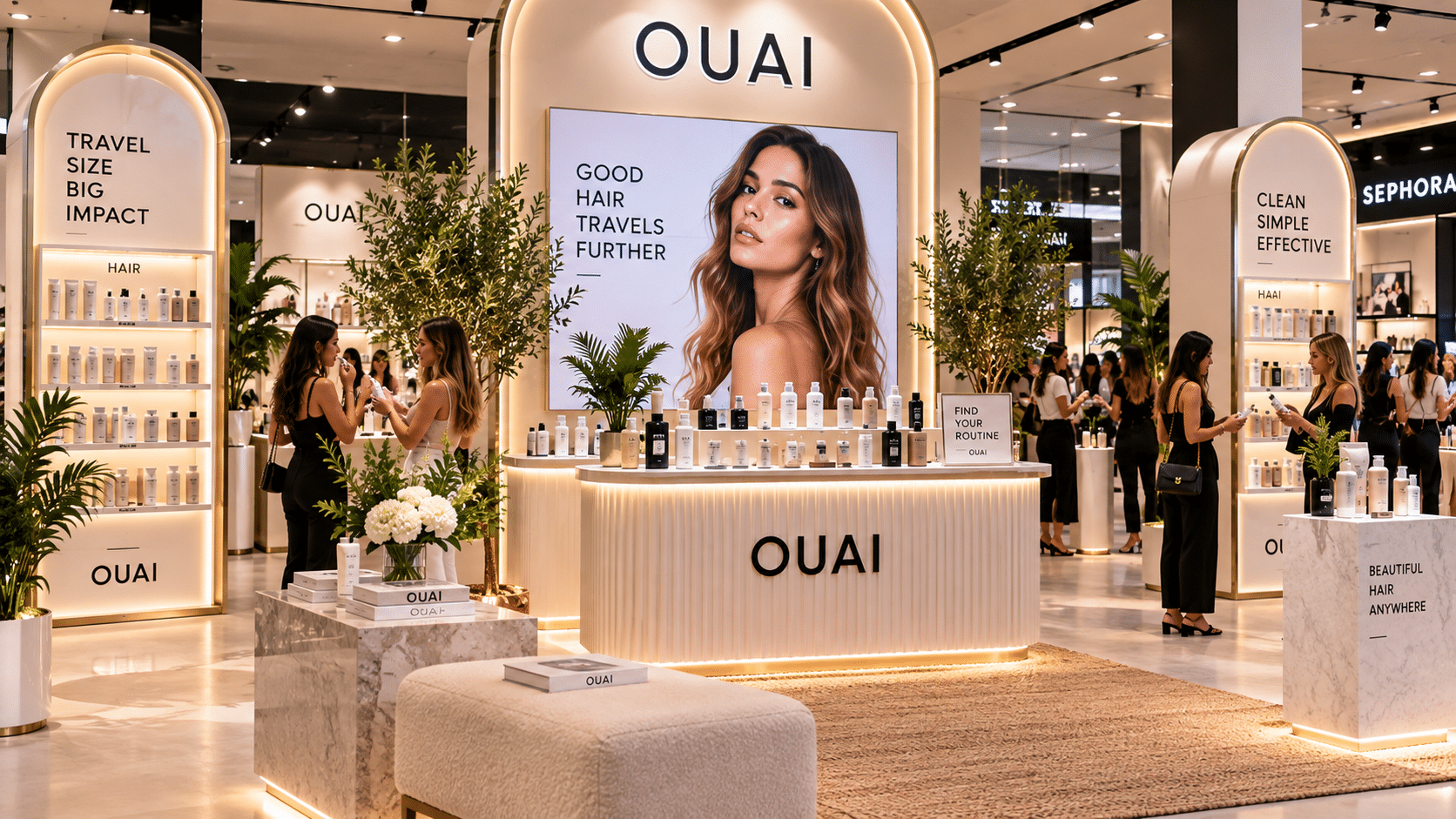 OUAI retail launch display with custom product fixtures, illuminated shelving, branded graphics, and shoppers engaging with the products.