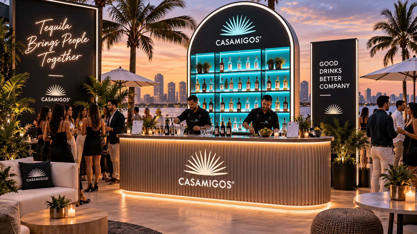 Casamigos portable event bar with illuminated branding, bottle displays, integrated service space, and bartenders serving guests at a live event.