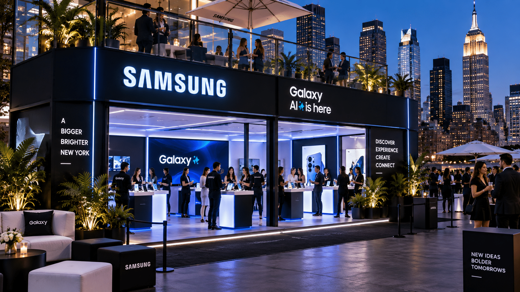 Samsung branded event rental environment in New York with product displays, lounge furniture, custom structures, and guests exploring the activation.