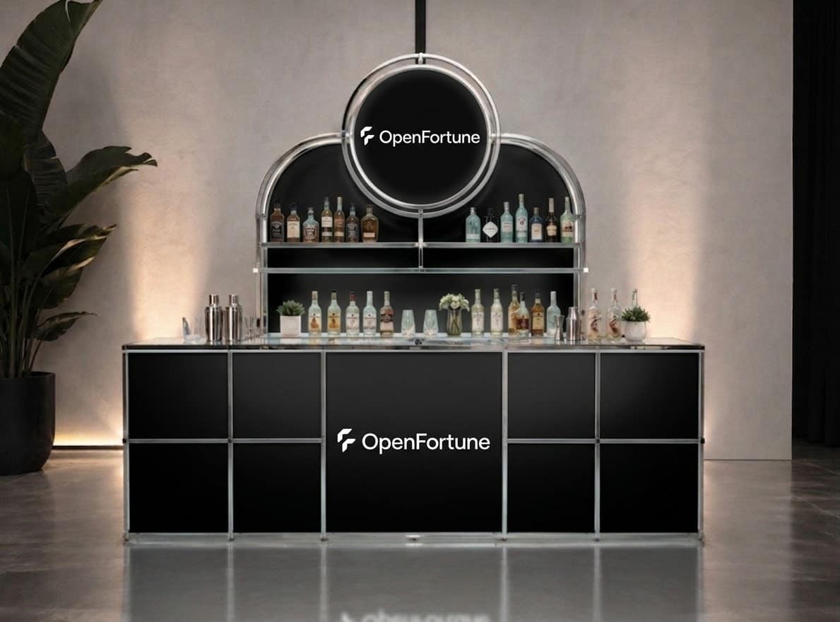 Custom event fabrication project showing a branded exhibit progressing from production planning to a finished event environment.