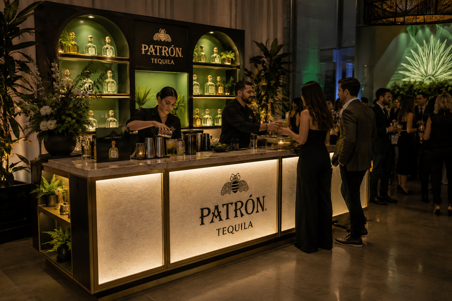 Custom branded bar display for live events featuring integrated lighting, durable fabrication, storage, and premium brand graphics