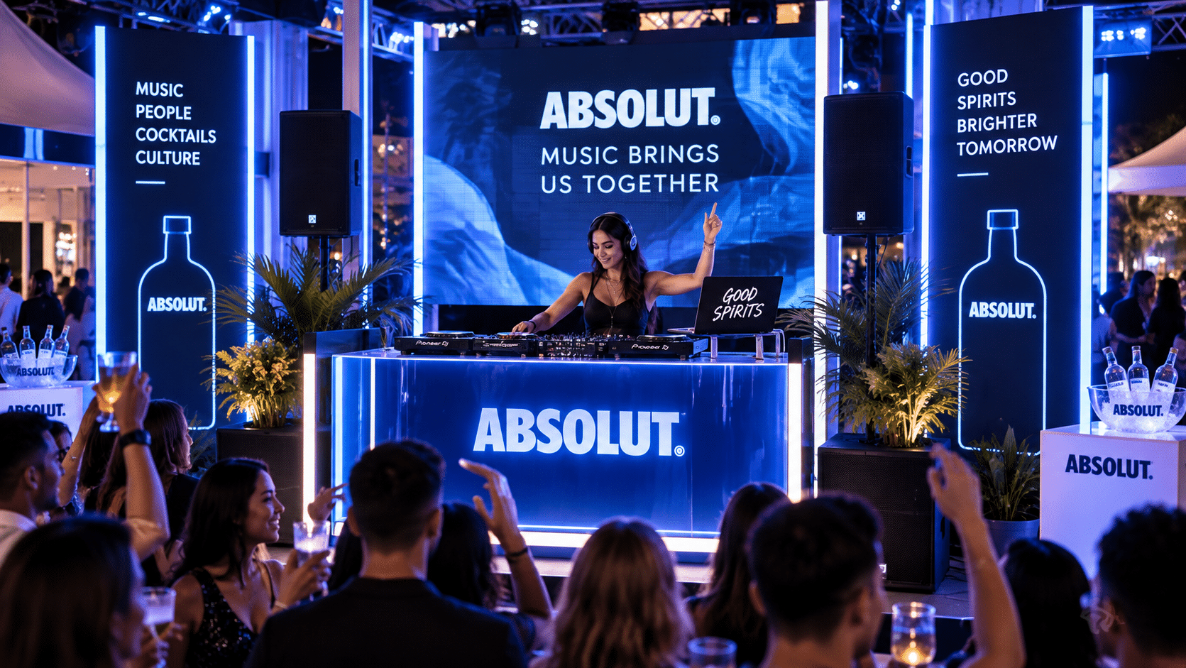 Custom branded DJ booth featuring integrated LED lighting, professional DJ equipment, concealed cables, and a sleek event-ready design.