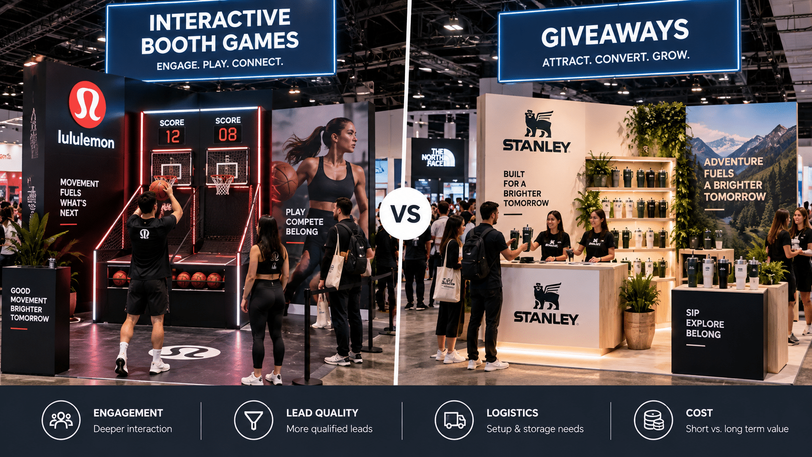 Interactive trade show game with digital scoring and attendee participation alongside a branded giveaway station displaying promotional merchandise.