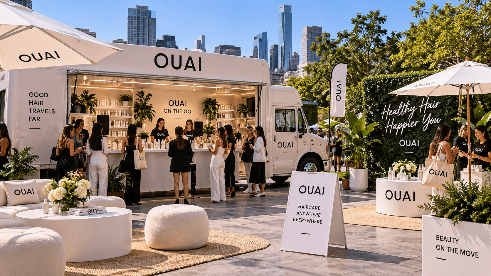 Mobile brand activation featuring a custom branded promotional trailer, product sampling stations, and guests interacting at an outdoor event.