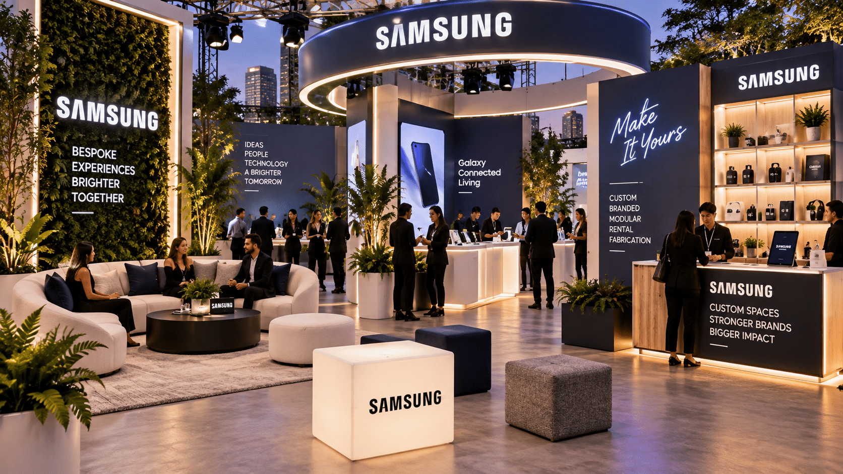 Customizable event rental setup featuring modular display counters, interchangeable branded graphics, product displays, and integrated lighting.
