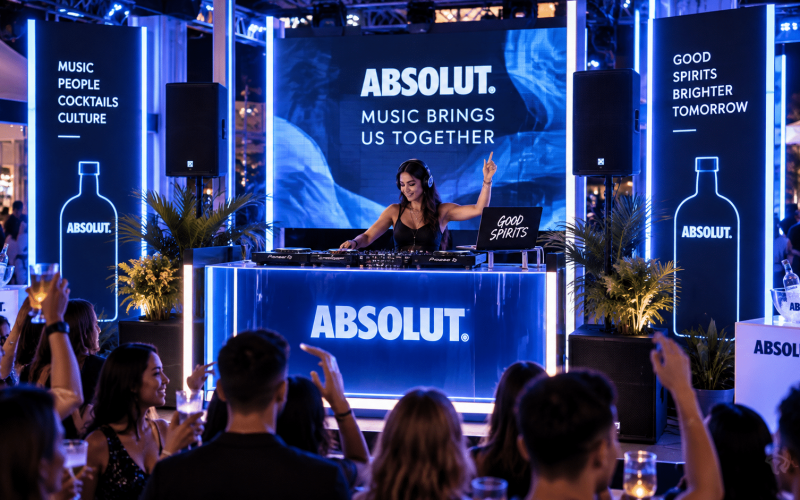 Custom branded DJ booth featuring integrated LED lighting, professional DJ equipment, concealed cables, and a sleek event-ready design.