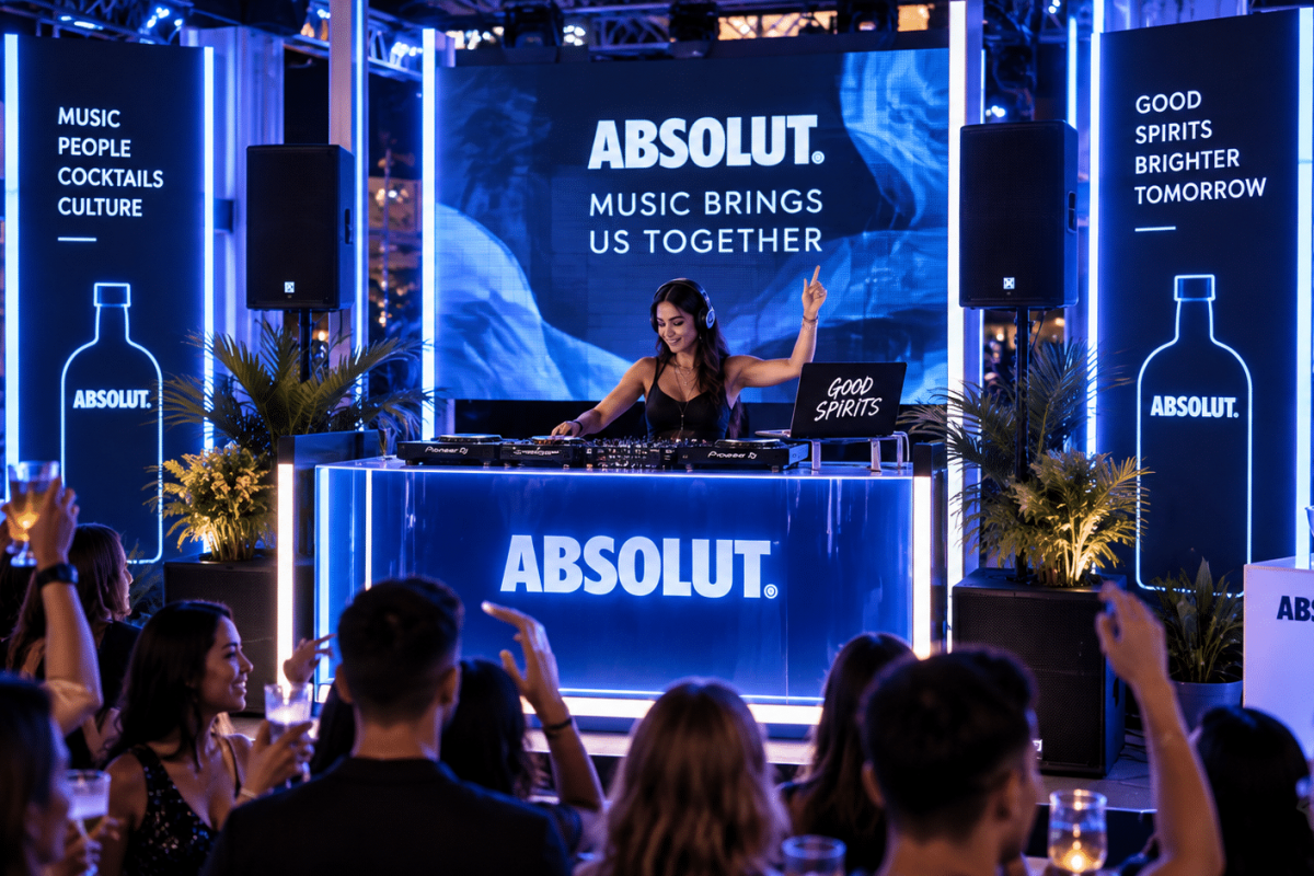 Custom branded DJ booth featuring integrated LED lighting, professional DJ equipment, concealed cables, and a sleek event-ready design.