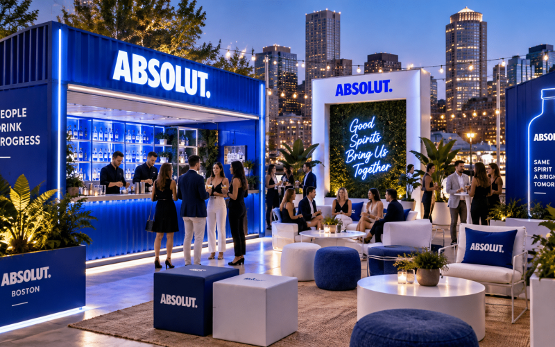 Custom branded pop-up rental in Boston featuring modular displays, illuminated signage, product counters, and an inviting guest experience.