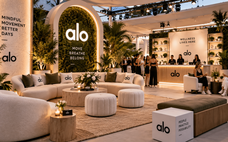 Custom branded event lounge featuring contemporary seating, fabricated display walls, integrated lighting, and comfortable networking areas.