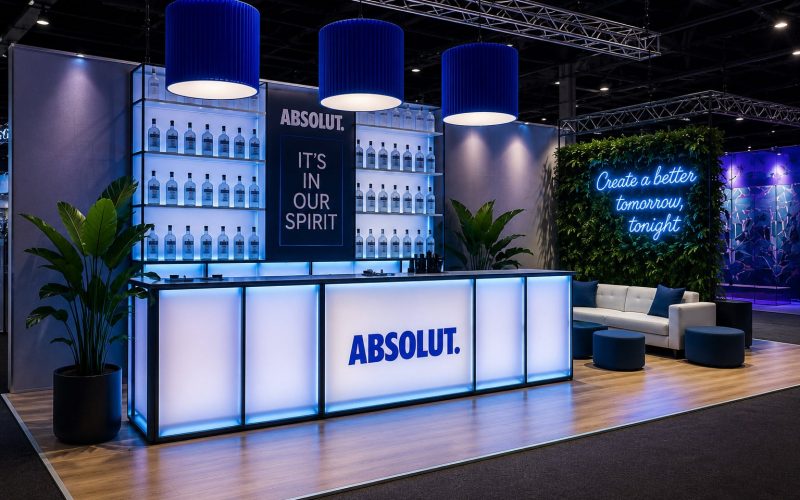 Modern Absolut branded modular trade show booth with illuminated bar, experiential lounge seating, LED lighting, and custom fabricated activation design.