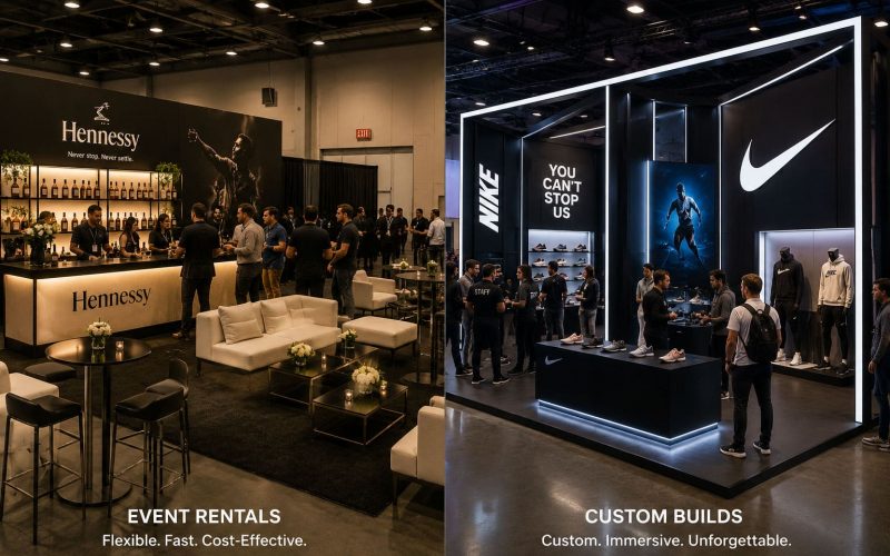 Comparison of event rentals and custom event builds for trade shows, brand activations, and experiential marketing environments.