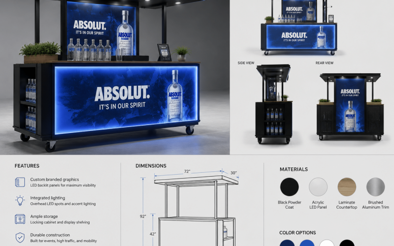 Custom branded sampling cart for experiential marketing, product sampling, beverage promotions, and live event activations.