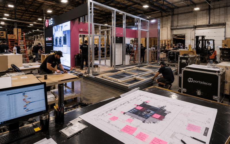 Event fabrication project timeline showing custom booth production, fabrication scheduling, installation planning, and event logistics coordination.