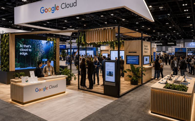 Experiential fabrication trends featuring modular event structures, interactive technology, sustainable materials, and modern trade show booth design.