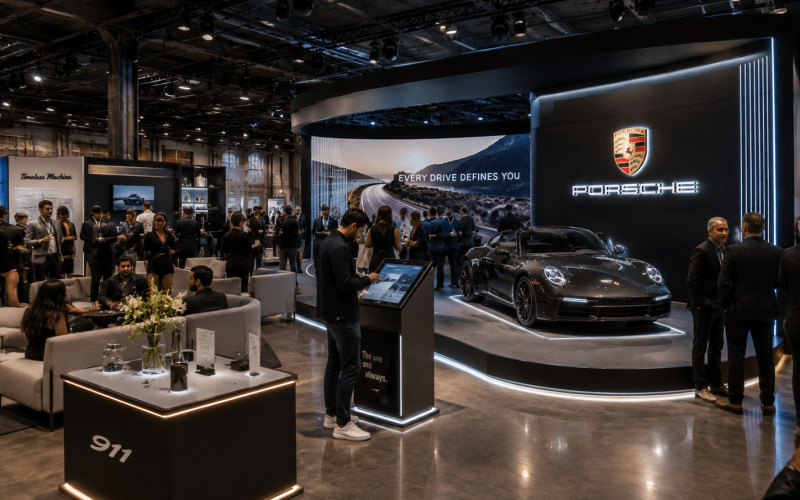 Luxury product launch brand activation featuring a custom experiential marketing environment with interactive displays, branded elements, product sampling stations, and attendee engagement areas.
