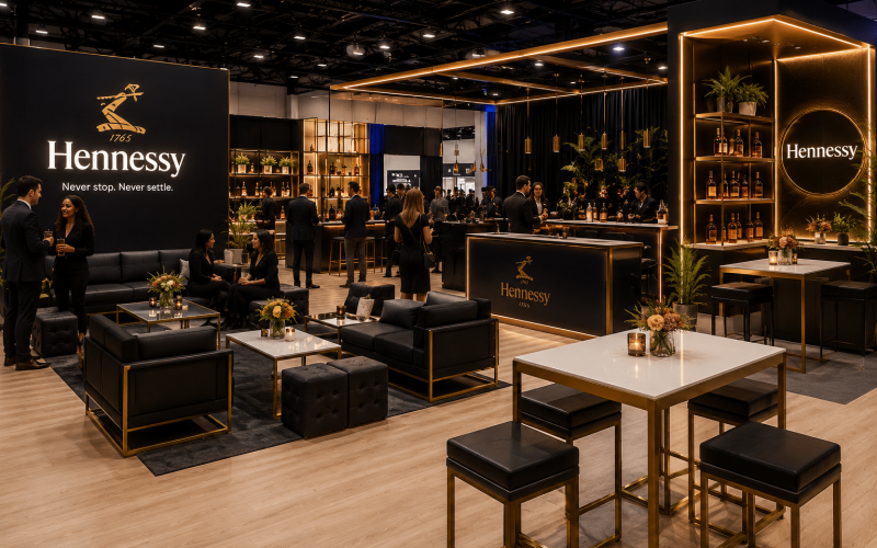 Modern event lounge rental setup featuring branded furniture, soft seating, custom décor, and activation space designed for corporate events and experiential marketing.
