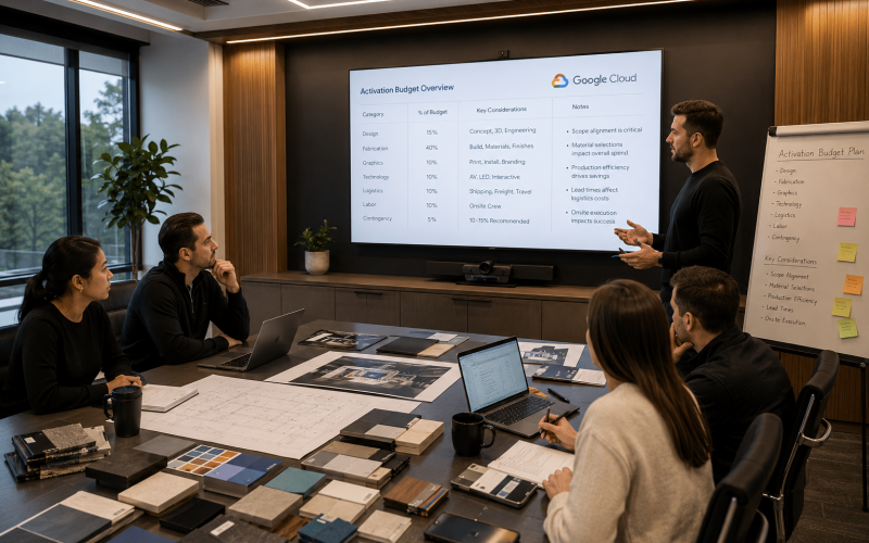 Activation fabrication project planning meeting focused on event budgets, production costs, fabrication scope, and execution strategy