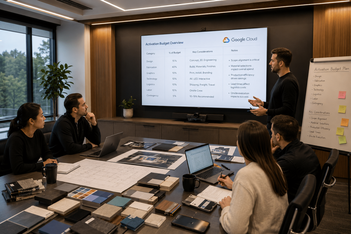 Activation fabrication project planning meeting focused on event budgets, production costs, fabrication scope, and execution strategy