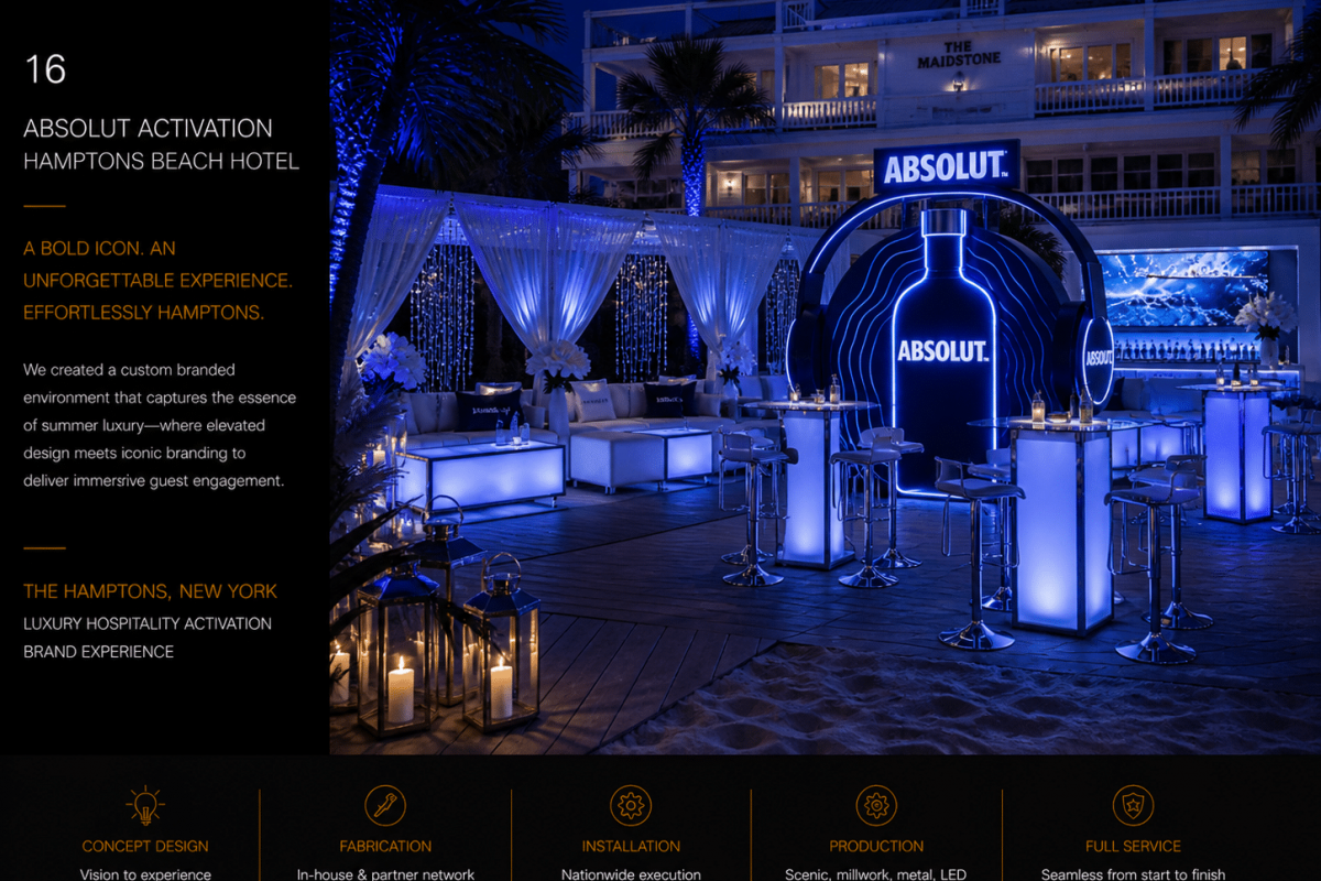 Custom experiential fabrication company building branded trade show booths, event displays, immersive activations, and experiential marketing environments.