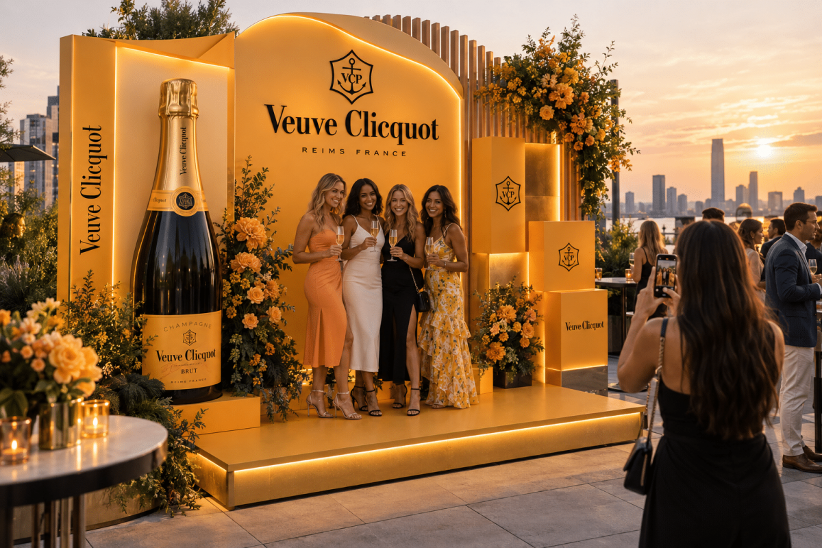 Branded event backdrop designed for live events featuring dimensional graphics, integrated lighting, and a custom photo opportunity for attendee engagement