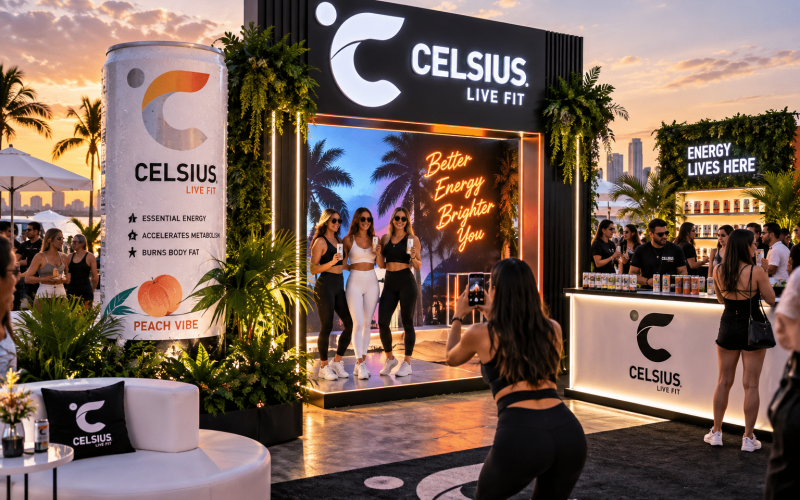Custom Celsius brand activation featuring an interactive photo experience, oversized product display, sampling bar, and experiential event fabrication.