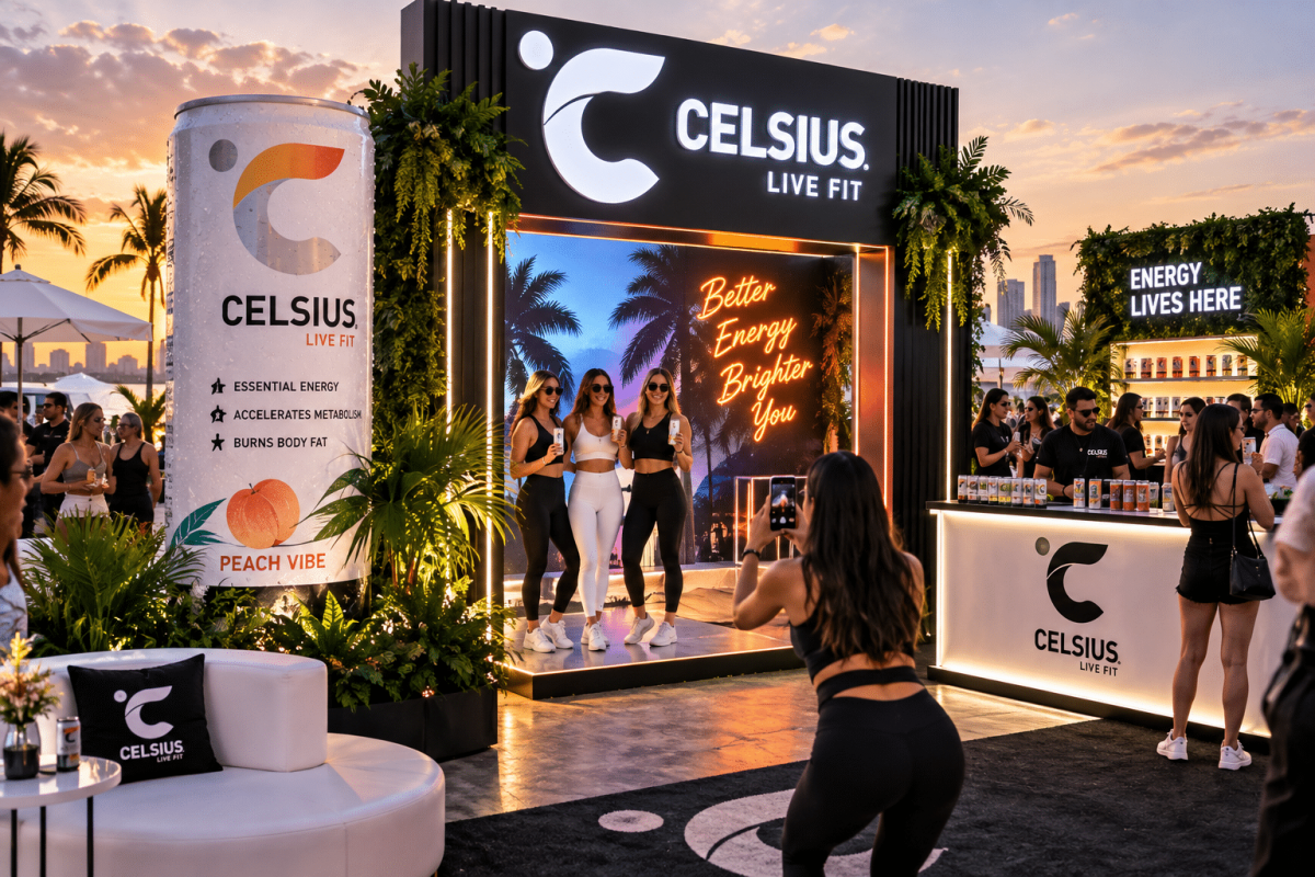 Custom Celsius brand activation featuring an interactive photo experience, oversized product display, sampling bar, and experiential event fabrication.