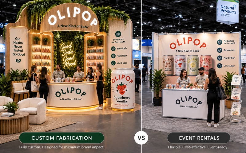 Custom fabrication versus event rentals comparison featuring branded activation displays, modular structures, sampling counters, and experiential event design.