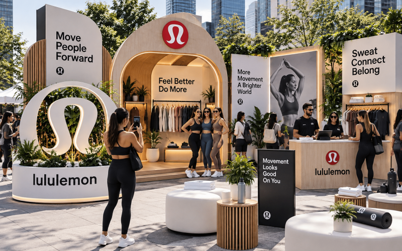 Branded lululemon pop-up featuring custom fabrication, product displays, interactive photo moments, lounge furniture, and customer engagement areas.