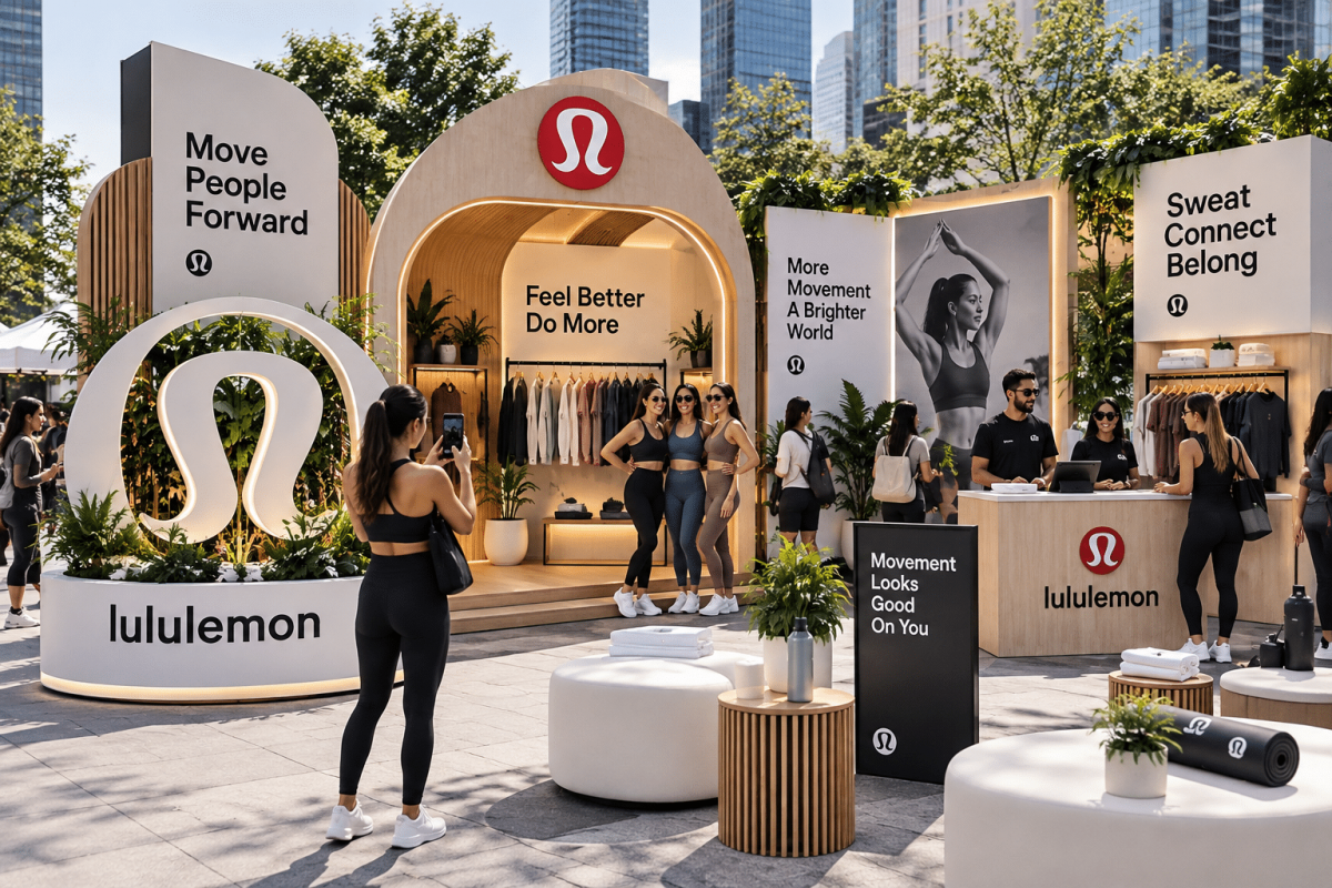 Branded lululemon pop-up featuring custom fabrication, product displays, interactive photo moments, lounge furniture, and customer engagement areas.
