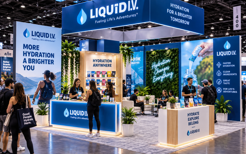 Custom Liquid I.V. trade show booth featuring branded displays, sampling counters, integrated lighting, product merchandising, and attendee engagement areas.