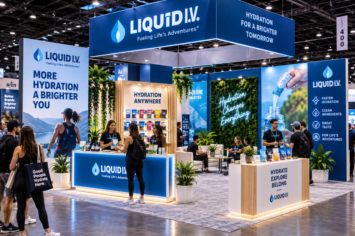 Custom Liquid I.V. trade show booth featuring branded displays, sampling counters, integrated lighting, product merchandising, and attendee engagement areas.