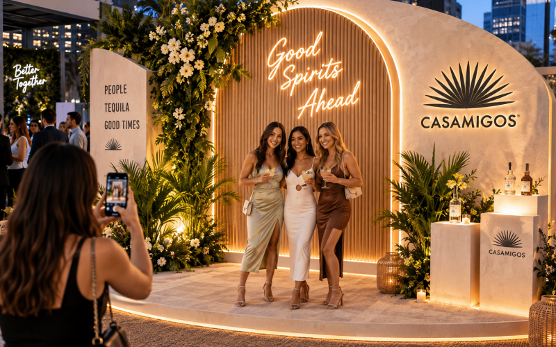 Custom branded photo op featuring dimensional fabrication, integrated lighting, greenery, product displays, and an interactive guest photo experience.