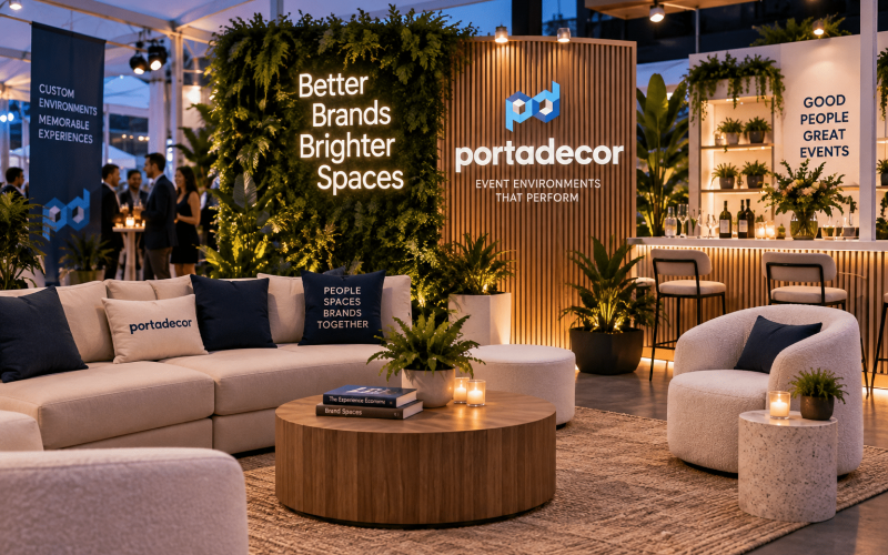Branded event lounge rental featuring custom seating, cocktail tables, greenery, integrated lighting, and a comfortable networking space for live events.