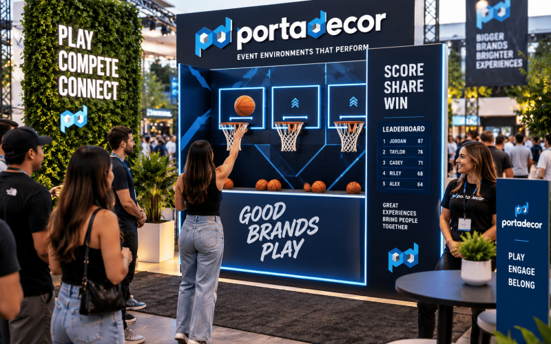 Interactive basketball activation game with branded targets, digital scoring, and guests competing at a live event.